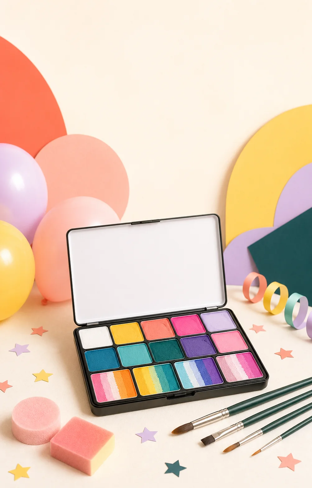 A colourful face-painting palette with brushes, balloons and paper stars