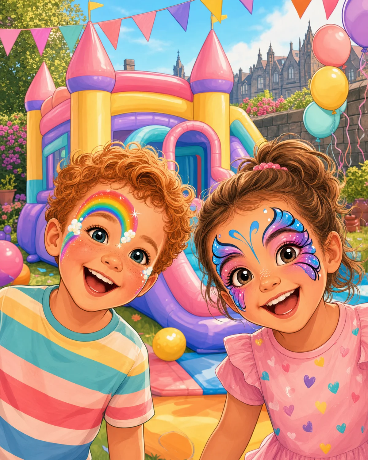 Two children with colourful face paint in front of a bright bouncy castle