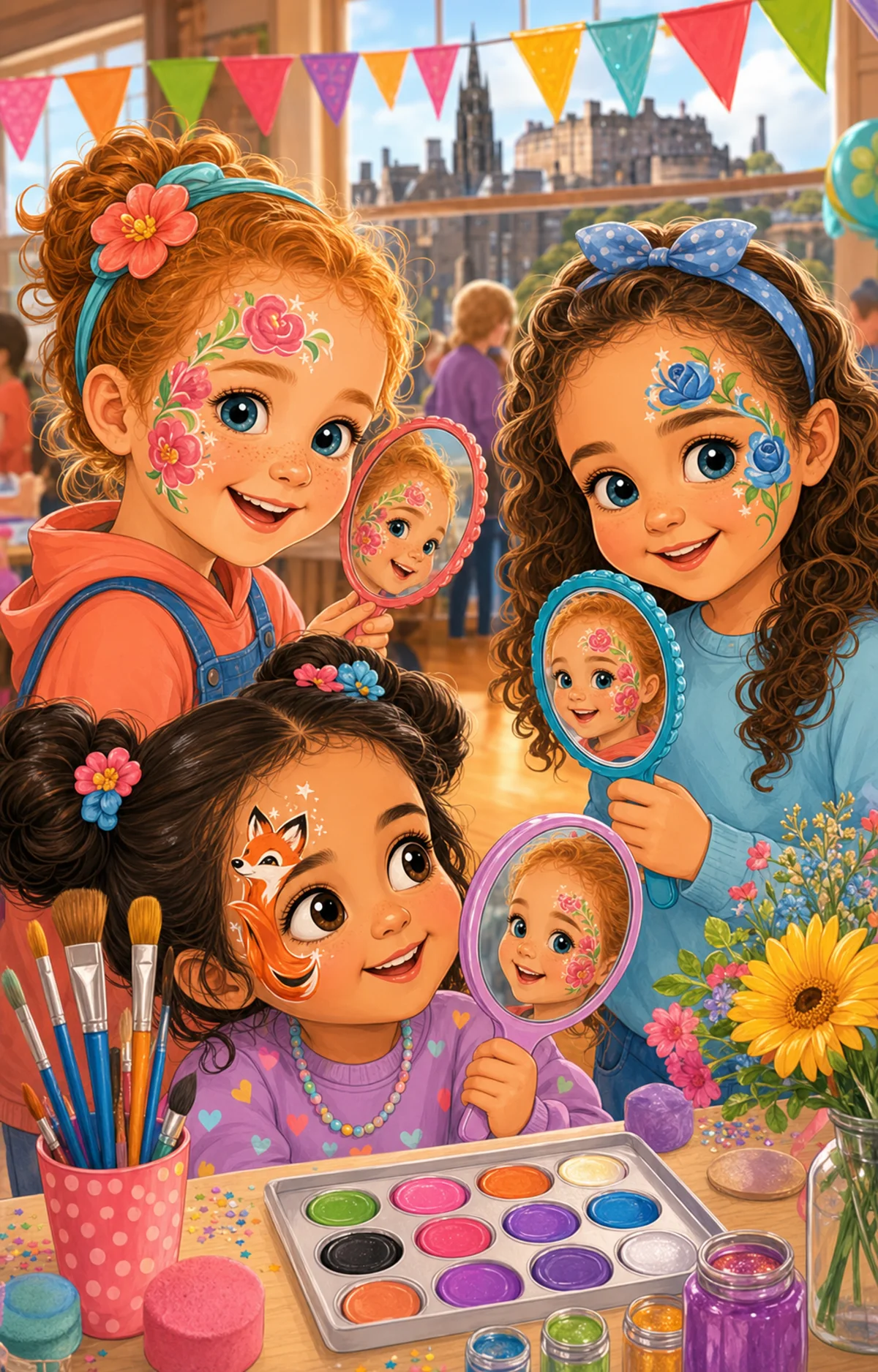 Children sharing joyful face-painting reveals at an Edinburgh community event