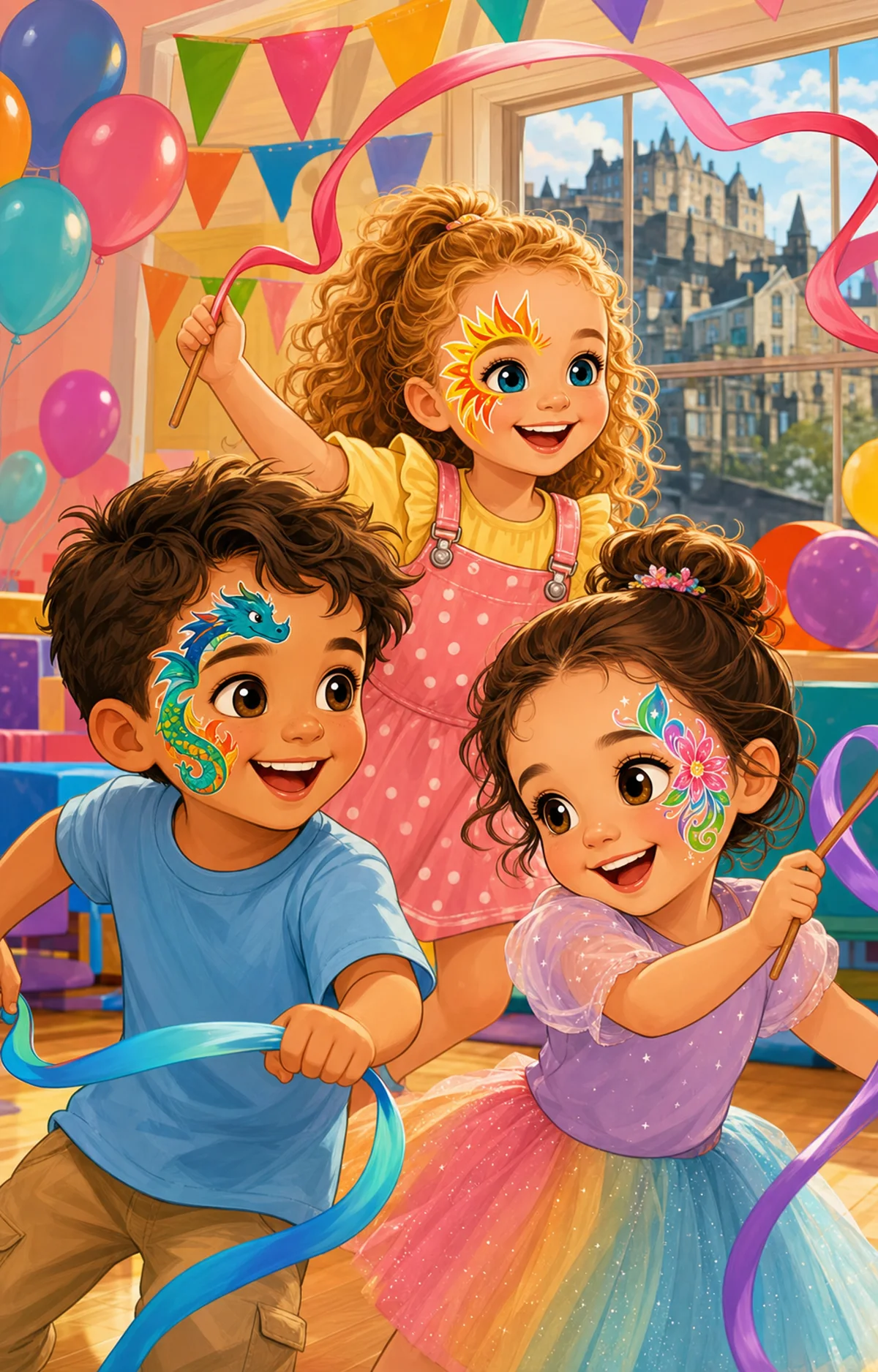Children with colourful face paint enjoying ribbon games at an Edinburgh party