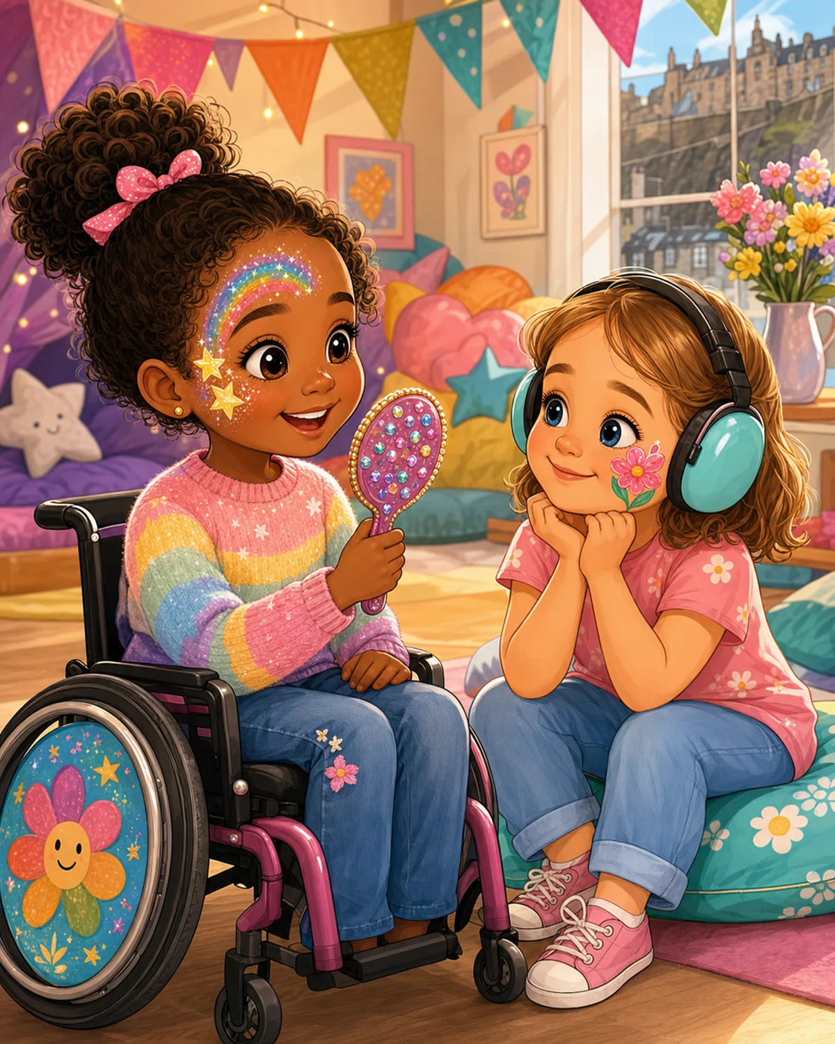 Two friends enjoying face painting in a calm and inclusive party space
