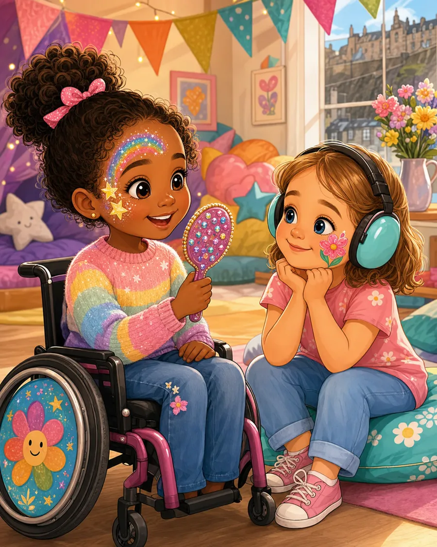 Two friends enjoying face painting in a calm, inclusive party space
