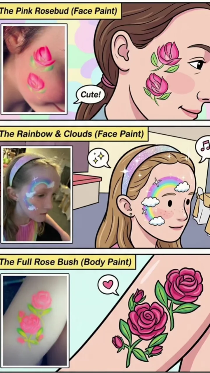 A design board comparing rosebud, rainbow and floral body-paint ideas with painted examples