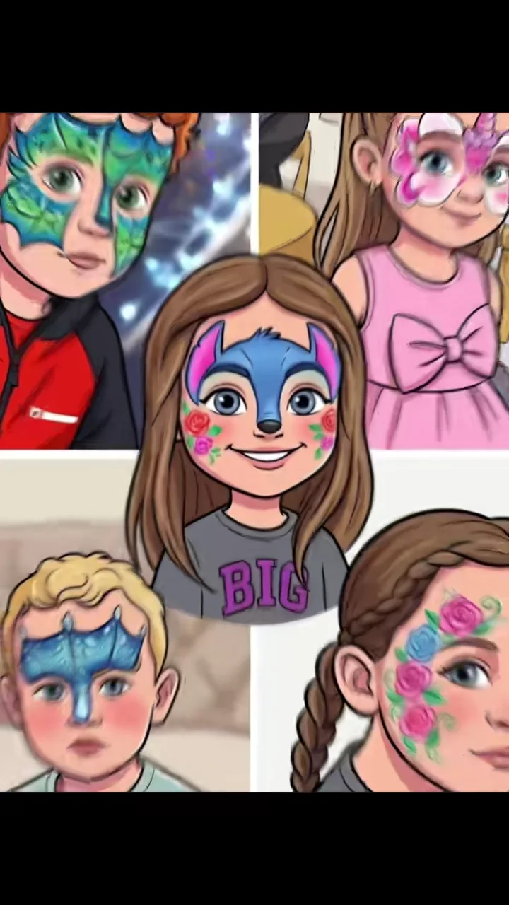 A stylised collection of floral, animal and fantasy face-painting designs