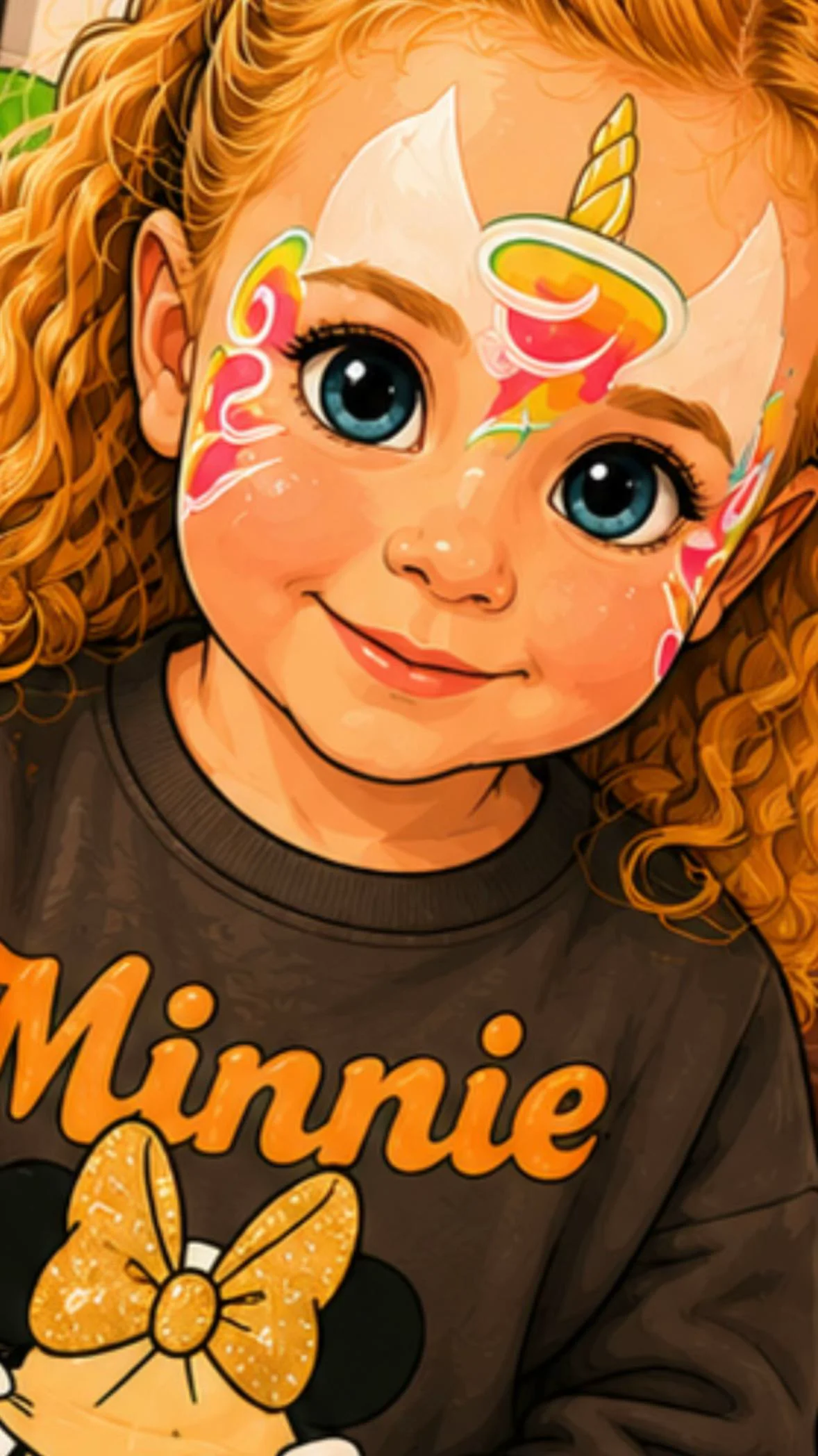 A stylised child portrait with bright character-inspired rainbow face paint