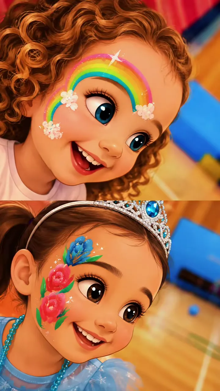 Two stylised birthday face-painting looks featuring a rainbow and colourful flowers