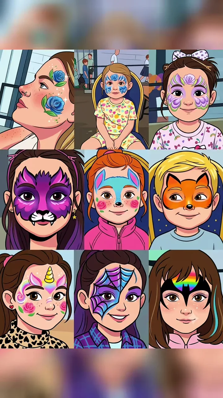 A stylised collage of blue roses, butterflies, animals, unicorn and rainbow face-painting ideas